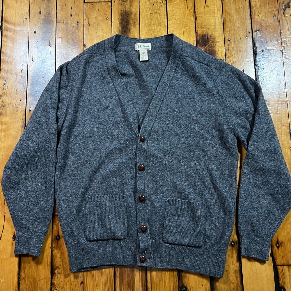 Vintage LL Bean Men’s Large Cardigan Lambswool Sweater Pockets Gray 90’s Read*